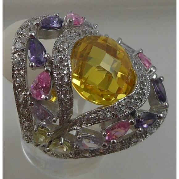 Vintage 1990's CZ Cocktail Statement Ring Simulated Canary Diamond Pink Sapphire - Picture 4 of 9